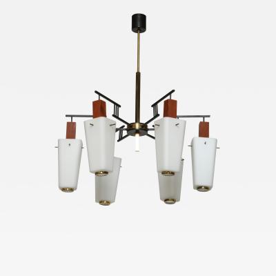  Stilnovo Stilnovo style chandelier Italy opaline glass and brass circa 1960s