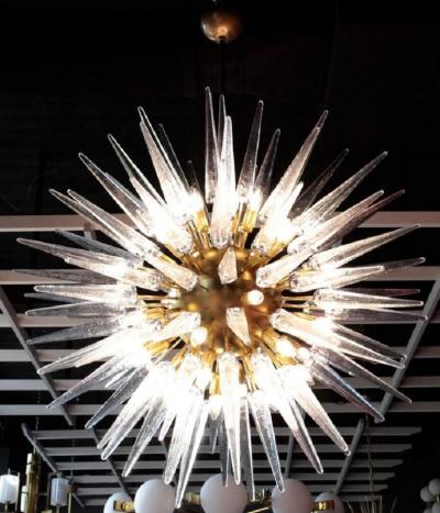  Stilnovo Very Huge and Impressive Murano Glass and Brass Chandelier Style of Stilnovo