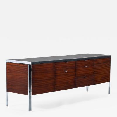 Stow Davis Furniture Co Mid Century Walnut Credenza with the Original Vinyl Top and Chrome Detailing