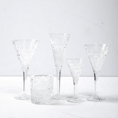  Stuart Glass Company Set of 60 Modernist Etched Crystal Glasses by Stuart with Neoclassical Detailing