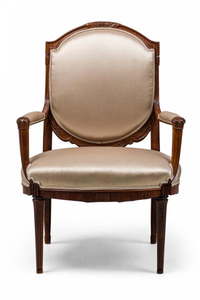  Sue et Mare Pair of Late Art Deco French Mahogany Beige Sateen Upholstered Arm Chairs