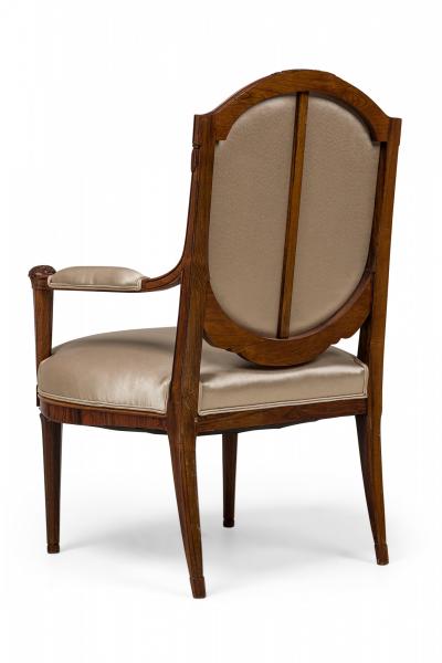  Sue et Mare Pair of Late Art Deco French Mahogany Beige Sateen Upholstered Arm Chairs