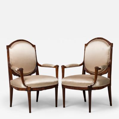  Sue et Mare Pair of Late Art Deco French Mahogany Beige Sateen Upholstered Arm Chairs
