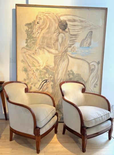  Sue et Mare Sue et Mare art deco rare refined pair of curved wood arm chaire