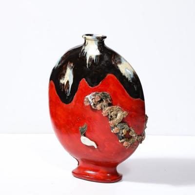  Sumida Gawa Sumida Gawa Vermillion Red Glazed Pottery Vase W Clustered Sculptural Primates