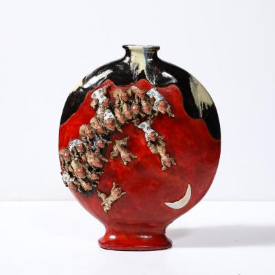  Sumida Gawa Sumida Gawa Vermillion Red Glazed Pottery Vase W Clustered Sculptural Primates