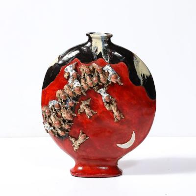  Sumida Gawa Sumida Gawa Vermillion Red Glazed Pottery Vase W Clustered Sculptural Primates