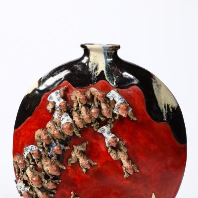  Sumida Gawa Sumida Gawa Vermillion Red Glazed Pottery Vase W Clustered Sculptural Primates