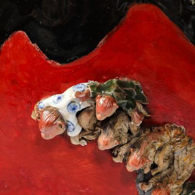  Sumida Gawa Sumida Gawa Vermillion Red Glazed Pottery Vase W Clustered Sculptural Primates