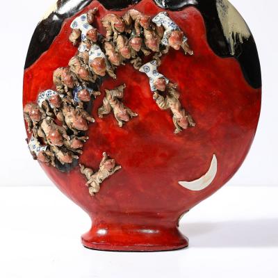  Sumida Gawa Sumida Gawa Vermillion Red Glazed Pottery Vase W Clustered Sculptural Primates