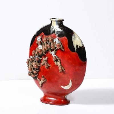  Sumida Gawa Sumida Gawa Vermillion Red Glazed Pottery Vase W Clustered Sculptural Primates