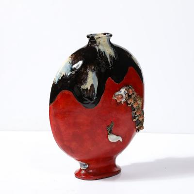  Sumida Gawa Sumida Gawa Vermillion Red Glazed Pottery Vase W Clustered Sculptural Primates