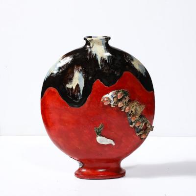  Sumida Gawa Sumida Gawa Vermillion Red Glazed Pottery Vase W Clustered Sculptural Primates
