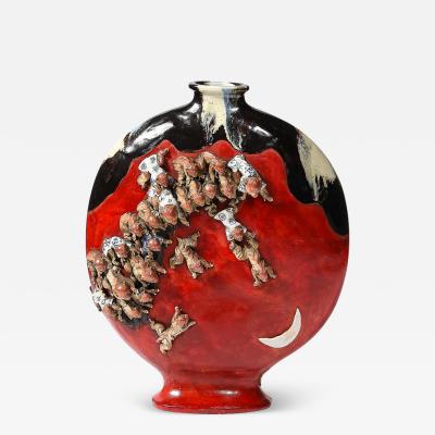  Sumida Gawa Sumida Gawa Vermillion Red Glazed Pottery Vase W Clustered Sculptural Primates