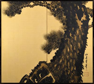  Suzuki Shonen Two panel Japanese Screen Aged Pines by Suzuki Shonen Meiji period 