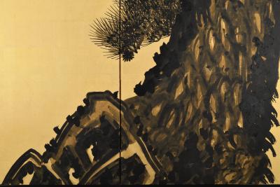  Suzuki Shonen Two panel Japanese Screen Aged Pines by Suzuki Shonen Meiji period 