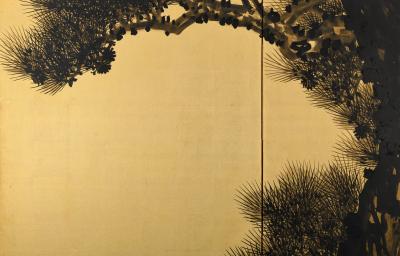  Suzuki Shonen Two panel Japanese Screen Aged Pines by Suzuki Shonen Meiji period 