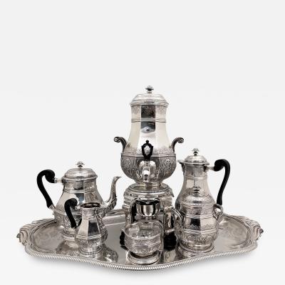  T tard Fr res Tetard French Sterling Silver 7 Piece Art Deco Tea Coffee Set with Tray Kettle