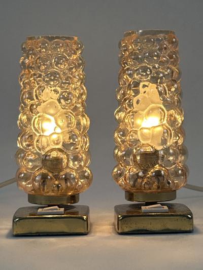  TEKA Leuchten Set of Two Lovely Brass Bubble Glass Bedside Table Lamps by TEKA Germany 1950s