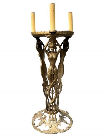  THE BOOTH COMPANY OF CHICAGO ART DECO 1920S GILT METAL HEADDRESSED MERMAIDS ILLUMINATED FISHBOWL STAND