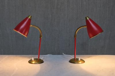  TR Co Pair of TR Co Adjustable Table Lamps in Red Metal and Brass Norway 1960s