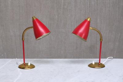  TR Co Pair of TR Co Adjustable Table Lamps in Red Metal and Brass Norway 1960s