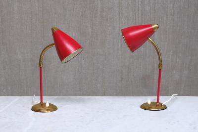  TR Co Pair of TR Co Adjustable Table Lamps in Red Metal and Brass Norway 1960s