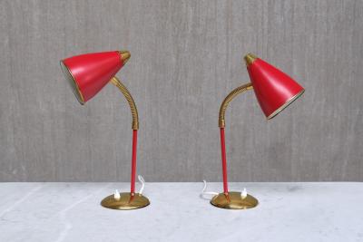  TR Co Pair of TR Co Adjustable Table Lamps in Red Metal and Brass Norway 1960s