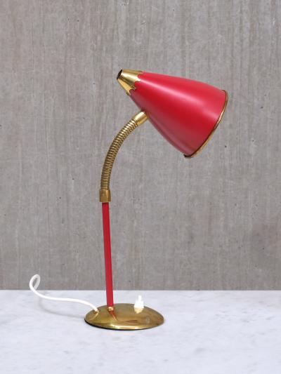  TR Co Pair of TR Co Adjustable Table Lamps in Red Metal and Brass Norway 1960s