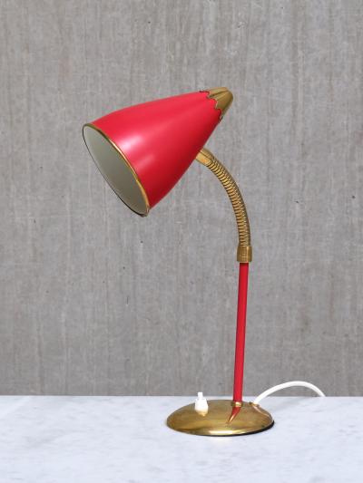  TR Co Pair of TR Co Adjustable Table Lamps in Red Metal and Brass Norway 1960s