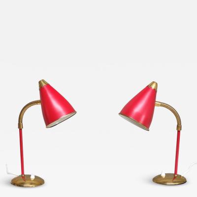  TR Co Pair of TR Co Adjustable Table Lamps in Red Metal and Brass Norway 1960s