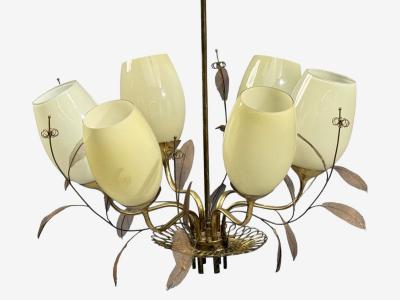  Taito Oy Paavo Tynell Chandelier Milk Glass Brass Finland 1950s