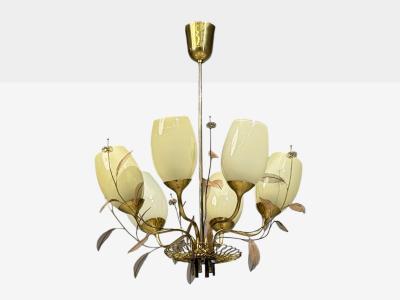  Taito Oy Paavo Tynell Chandelier Milk Glass Brass Finland 1950s