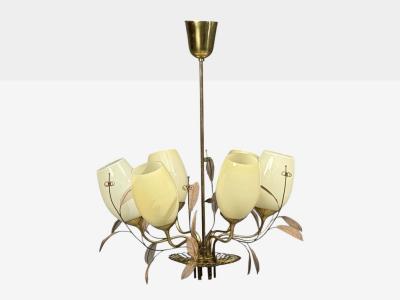  Taito Oy Paavo Tynell Chandelier Milk Glass Brass Finland 1950s