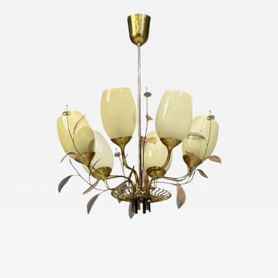  Taito Oy Paavo Tynell Chandelier Milk Glass Brass Finland 1950s