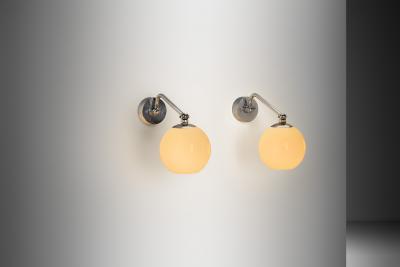  Taito Oy Pair of Nickel Plated Brass Wall Lamps by Paavo Tynell for Taito Finland 1930s