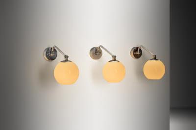  Taito Oy Set of Three Nickel Plated Wall Lamps by Paavo Tynell for Taito Finland 1930s