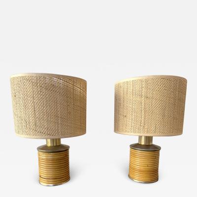  Targetti Sankey Mid Century Modern Pair of Rattan and Brass Lamps by Targetti Italy 1970s