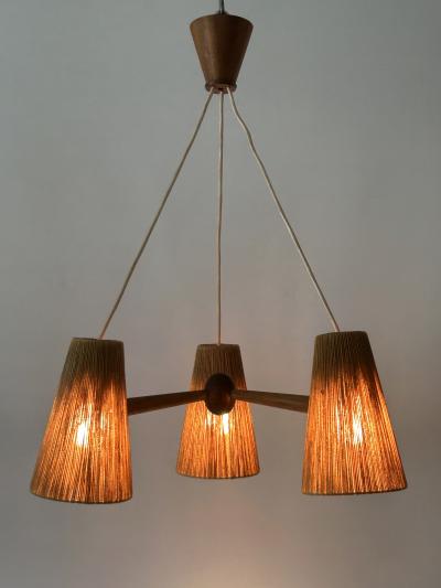  Temde Leuchten Mid Century Sisal Teak Pendant Lamp or Chandelier by Temde Switzerland 1960s