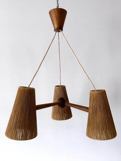  Temde Leuchten Mid Century Sisal Teak Pendant Lamp or Chandelier by Temde Switzerland 1960s