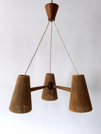  Temde Leuchten Mid Century Sisal Teak Pendant Lamp or Chandelier by Temde Switzerland 1960s