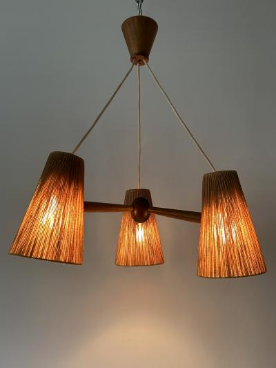  Temde Leuchten Mid Century Sisal Teak Pendant Lamp or Chandelier by Temde Switzerland 1960s