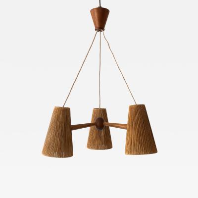  Temde Leuchten Mid Century Sisal Teak Pendant Lamp or Chandelier by Temde Switzerland 1960s
