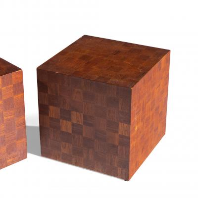  Thayer Coggin Thayer Coggin Style Mid Century Walnut Parquet Cube End Tables Pair