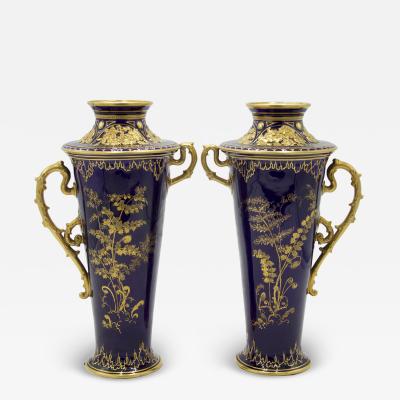  The Royal Crown Derby Porcelain Co Pair of English Victorian Cobalt Blue Porcelain Vases