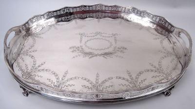  Thomas Bradbury Sons Ltd Large English Edwardian Regency Sterling Silver Gallery Tea Tray 1909
