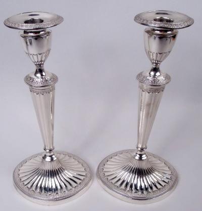  Thomas Bradbury Sons Ltd Pair of Antique English Neoclassical Sterling Silver Candlesticks 1927