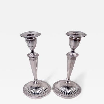  Thomas Bradbury Sons Ltd Pair of Antique English Neoclassical Sterling Silver Candlesticks 1927