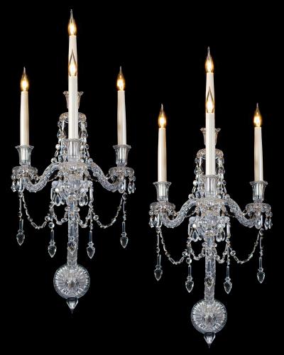  Thomas F C Osler AN UNUSUAL PAIR OF FOUR LIGHT MID VICTORIAN CUT GLASS WALL LIGHT BY F C OSLER