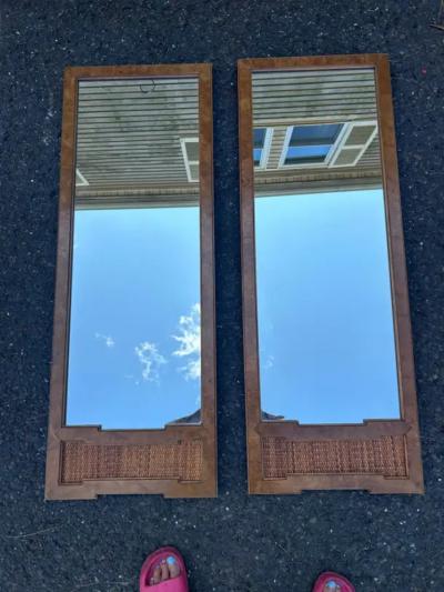 Thomasville Furniture Handsome Pair Thomasville Burl Wood Cane Tall Mirrors Mid century Modern